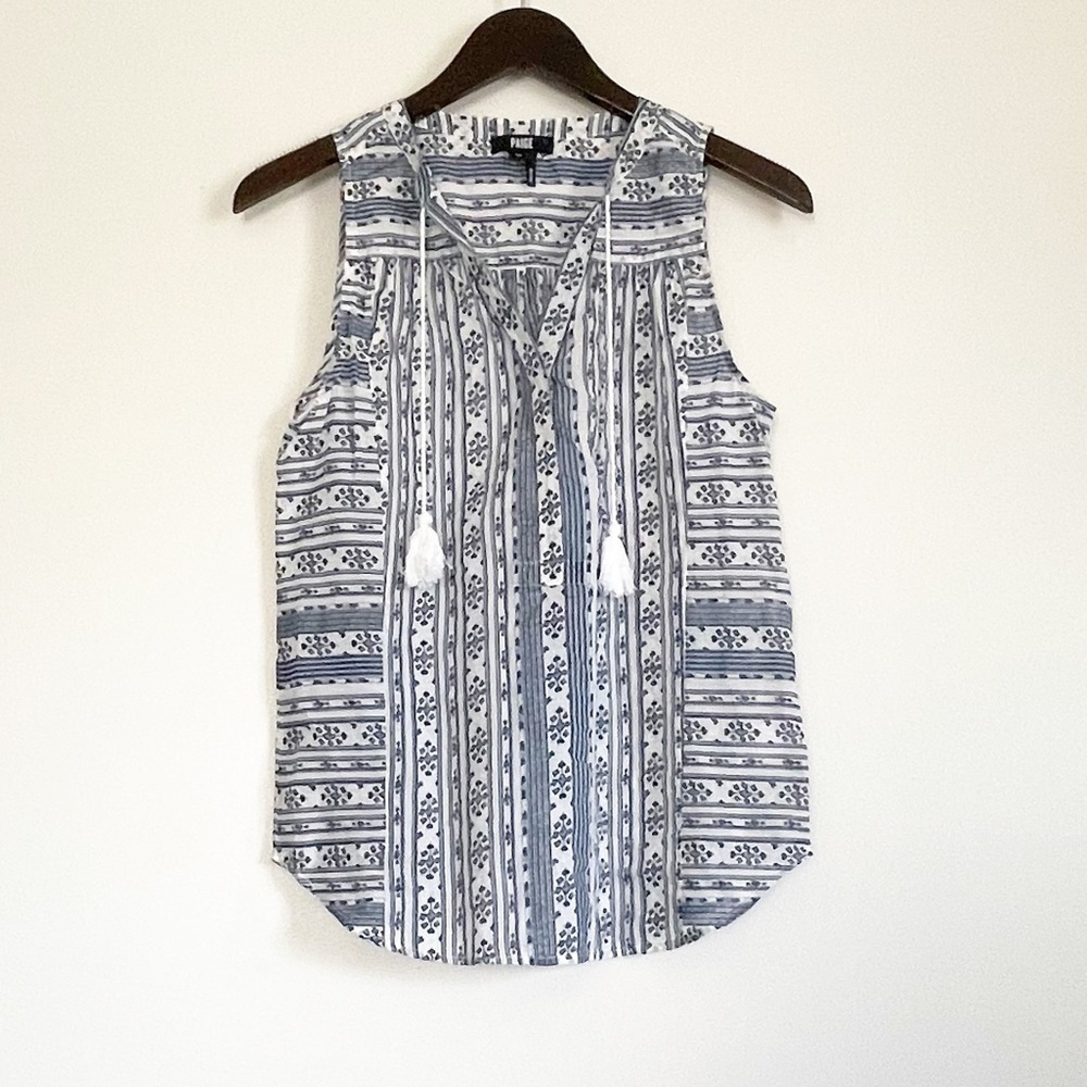 PAIGE Bettine Sleeveless Top Tassel White Blue XS
